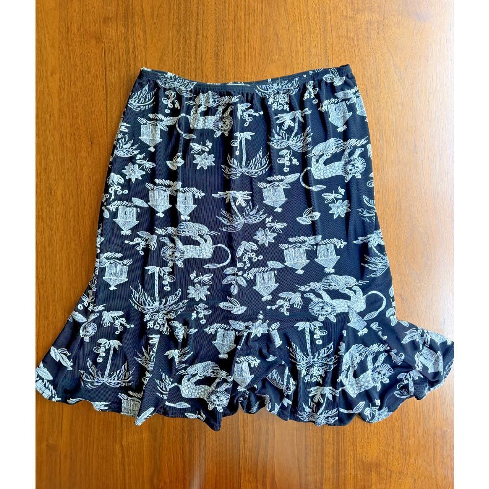 Vintage Ronni Nicole Sport Women's Black Patterned Ruffle Hem Skirt - Size XL